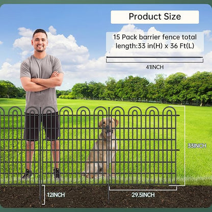 15 Panels Tall Garden Animal Barrier Fence with Gate, 33 in(H) X 36.8 ft(L) No Dig Decorative Garden Fence Outdoor for Yard, Heavy Duty Rustproof Metal Edging Border for Dog, Rabbits