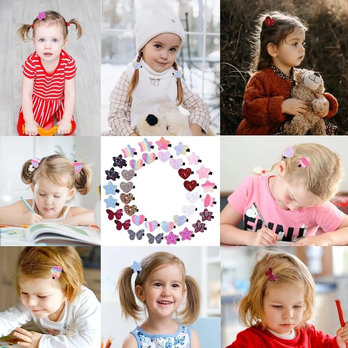 Fishdown Sparkle Sequins Hair Accessories for Girls: 36 Pcs Star, Heart, Butterfly Hair Clips, Barrettes, and Alligator Clips for Toddlers