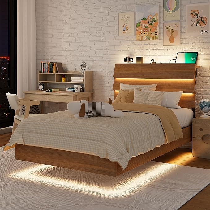Feonase Floating Bed Frame Twin with Led Lights and Charging Station, Wood Full Size Bed Frame with Storage Headboard, Heavy Duty Metal Slats, No Box Spring Needed, Easy Assembly,Walnut