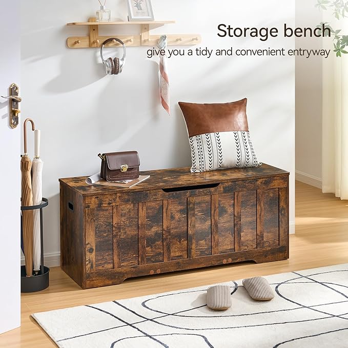 47.2"Storage chest extra large,storage trunk with 2 safety Hinges,Wooden storage bench,Shoe Bench,47.2x15.7x19.1 Inch,Easy Assembly,storage bench for bedroom,living room,entryway,Rustic brown