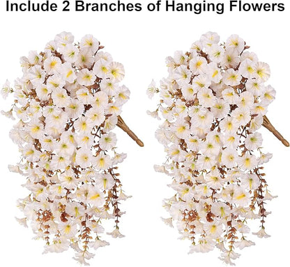 Fake Mums Artificial Fall Hanging Flowers for Outdoors Decoration, 2 PCS Faux Silk Morning Glory with Bown Eucalyptus UV Resistant Plants for Wall Home Porch Patio Balcony Yard Indoor Decor (White)