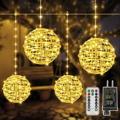 Ollny Christmas Lights Outdoor 4Pack 7.87inch, Warm White 200 LED Ball Light with Plug in Remote, 8 Modes IP67 Waterproof Connectable Sphere Tree Lights for Indoor House Yard Garage Decorations