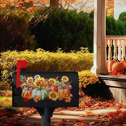 Fall Magnetic Large Size Thanksgiving Pumpkin Mailbox Cover With Maple Leaves - Waterproof Decor Flower Wraps for Garden Oversize 25.5 x 21 Inch
