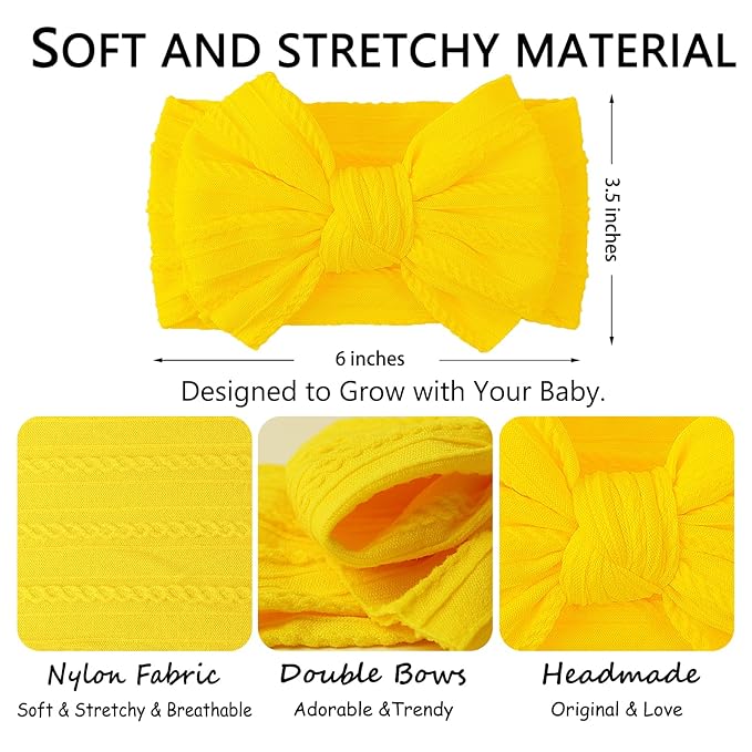 LemonSpace Handmade Baby Girls Headbands Soft Stretchy Nylon Hair Bands Hair Accessories with Bows for Newborn Baby Girls Infant Toddlers Kids(Yellow)