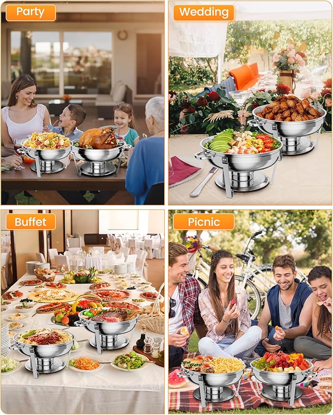 Chafing Dish for Buffet, 5 QT Round Chafing Dishes Buffet Set w/Lid Holder, Stainless Steel Chafers and Food Warmers With Spoon and Tweezers for Parties, Weddings (Silver, 6 Pack)