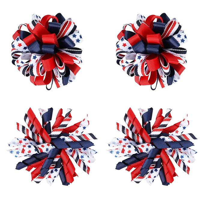 4th of July Korker Hair Bow Clips Girls Patriotic Curly Corker Cheer Pompom Loopy Bow Alligator Barrettes Red White Blue Stars Stripes Ribbon Accessories Kids Xmas Gift