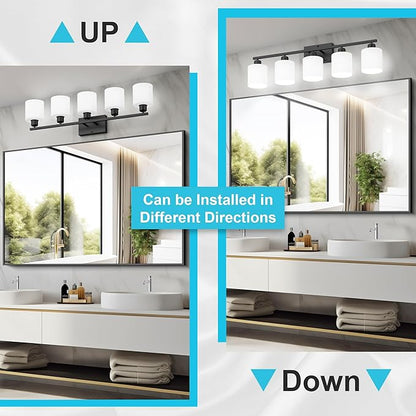 Bathroom Black Lighting Fixtures Over Mirror, Anti-Rust 5-Light Bathroom Vanity Lights,Milky White Glass Shades