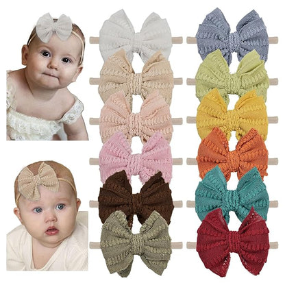 Big Waffle Knitting Hair Bow Headbands, Baby Girl Soild Color Hair Bands 12Pcs Hair Accessories for Newborn Toddlers Kids(KX big bow 12PCS)