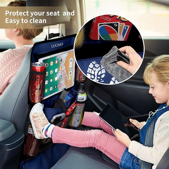 LUCMO Car Backseat Organizer with Touch Screen Tablet Holder-2 Pcs,9 Storage Pockets Car Storage Organizer Protectors Kick Mats Travel Accessories for Kids-Dark Blue