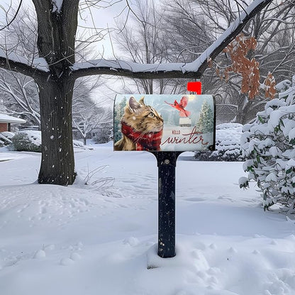 Hello Winter Oversize Magnetic Mailbox Cover - Hello Kitty Cardinal Snowy Waterproof Post Letter Cover - Rustic Snow Tree Red Bird Mailbox - Large Size 25.5" L x 21" W