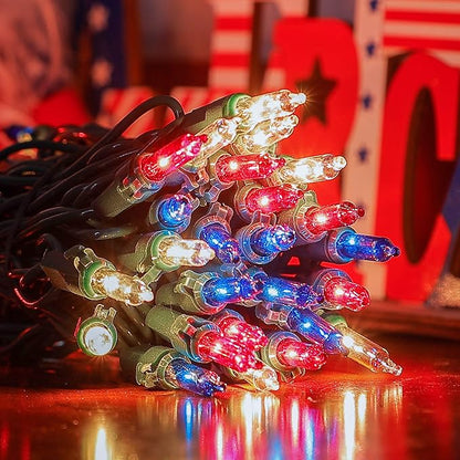 50 Count Red White and Blue Mini String Lights with Green Wire,Connectable 13ft 120V Waterproof 4th of July Patriotic Incandescent Lights, Independence Day Lights for Outdoor Indoor Decor