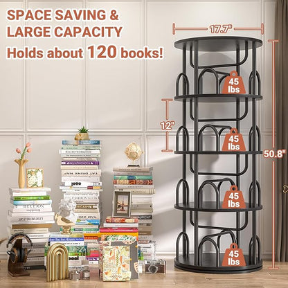 Aheaplus 4 Tier Rotating Bookshelf Tower, 360 Display Spinning Bookcase, Revolving Round Book Shelf Narrow Swivel Bookshelf, Vertical Turning Spiral Corner Book Organizer for Small Space, Black