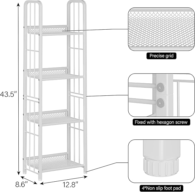 Bookshelf Storage Shelf Small Bookcase Freestanding Storage Stand for Living Room Bedroom, Kitchen, Rust Resistance, Easy Assembly Free Combination Multi-Functional Organizer (4 Tiers, White)