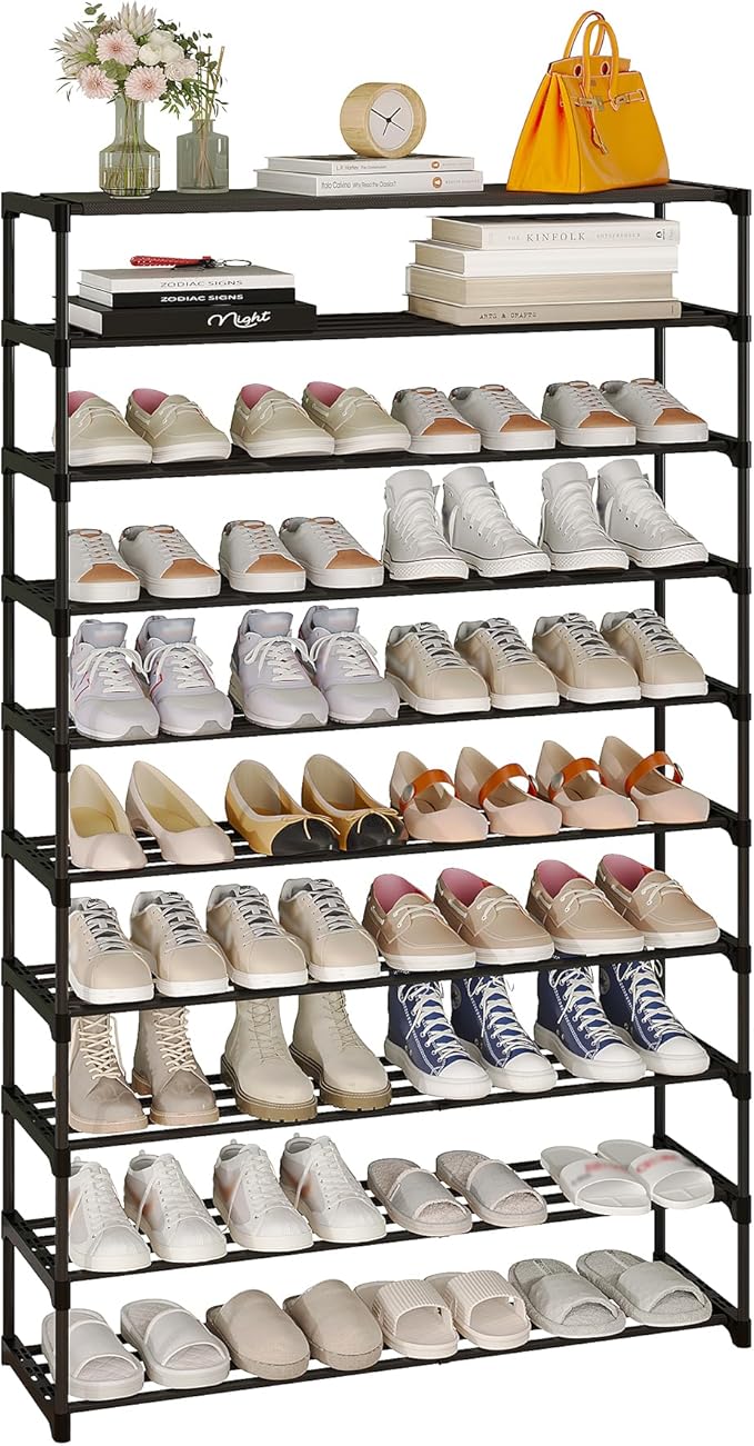 Calmootey 10-Tier Shoe Rack, Tall Large Capacity 50 Pairs Shoes Storage Organizer, Stackable Wide Shoe Shelf for Entryway, Hallway, Black