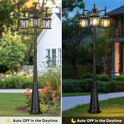 Dusk to Dawn Outdoor Lamp Post Light with 3 LED Bulbs, Triple Head Aluminum Street Light Post for Outside with Sensor, Waterproof Birdcage Pole Lighting Fixture for Backyard Garden Patio Bronze