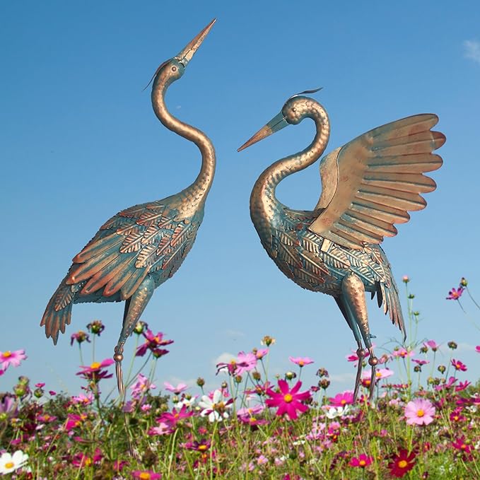 33-37 Inch Metal Crane Garden Statue Décor, Bird Heron Garden Sculpture & Statues, Outdoor Decoration for Yard Pond Lawn Backyard Pool, Vintage Spread Wings Crane, Set of 2 Copper…