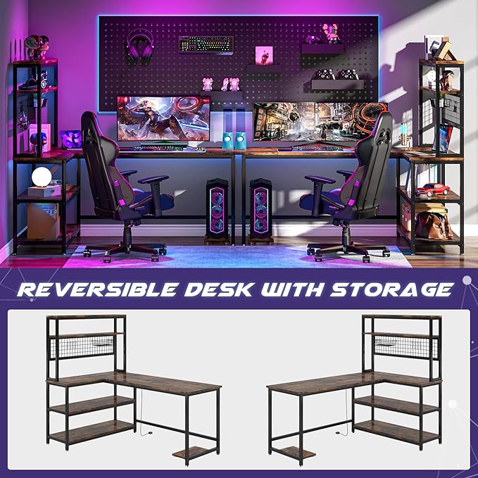 Tribesigns 55" L-Shape Computer Desk with Hutch and Wireless Charging, Office Desk Study Table Writing Desk Workstation with 5 Shelves and Movable CPU Stand for Home Office (Brown)