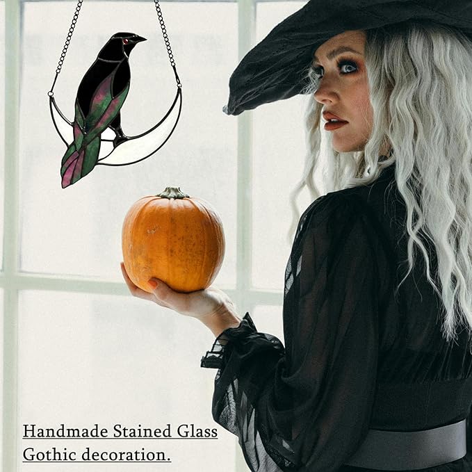 Stained Glass Crow on Moon Decor Window Hangings Ornament, Gothic Raven Suncatcher Halloween Decorations, Handmade Crow Birds Gifts Sun Catchers Indoor Window Home Decor.