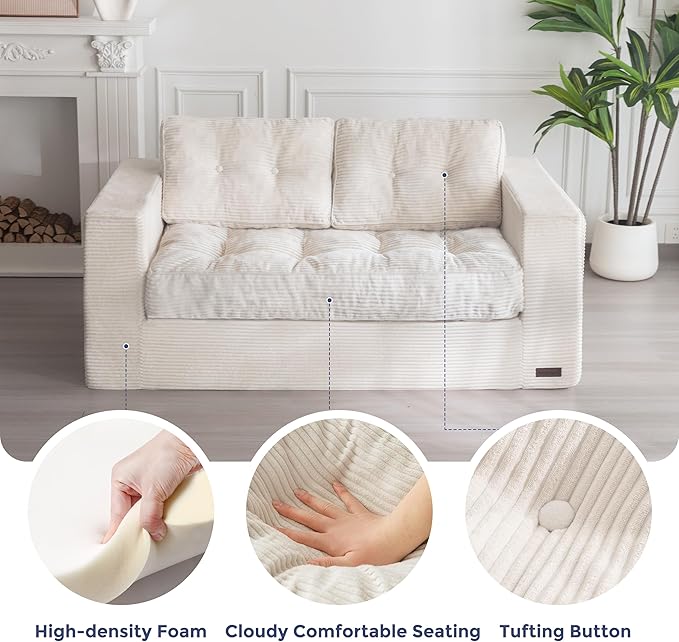MAXYOYO Bean Bag Chair for Adults, Upholstered Floor Sofa with Armrests, Loveseat Boneless Couch with Tufted Cushion & Backrest, Sofa in A Box, Large Bean Bag Couch for Bedroom Living Room, Beige