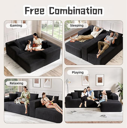 Cloud Sectional Couch, 104”L-Shape Oversized Sofa with Left Chaise Lounge, Modular Sleeper Couch with Pillows & Deep Seat, Rain Drop Velvet Fabric Compressed Sofa for Living Room, Black