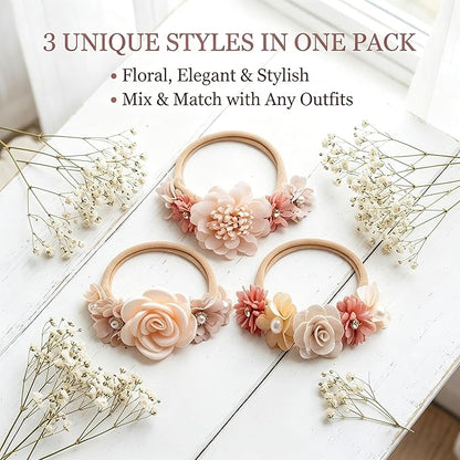 3PCS Baby Girl Flower Headbands Set Elastic Bow Hair Band Handmade Bow For Newborn Infant Toddler Pack