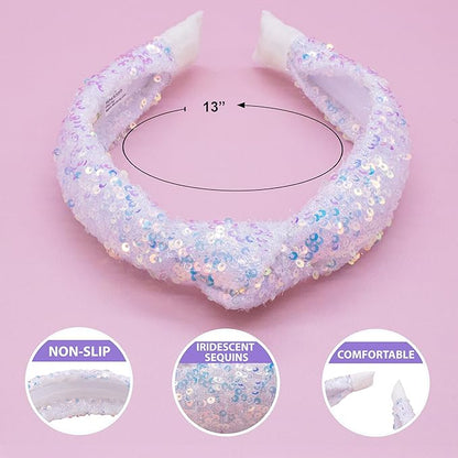 FROG SAC Sequin Knot Headband for Girls, White Knotted Hair Bands Accessories for Kids, Sparkly Iridescent Little Girl Headbands, Cute Fashion Hairbands for Tweens Stocking Stuffers for Children