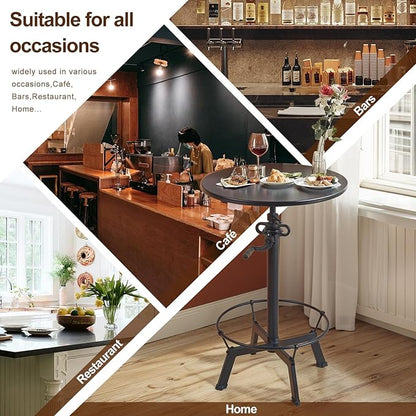 LOKKHAN Industrial Bar Table-33.5-39.4 Inch Tall-Adjustable Bar Height Pub Table-23.7 Inch Swivel Round Metal Top-Easily Adjusts by Crank Handle, Black