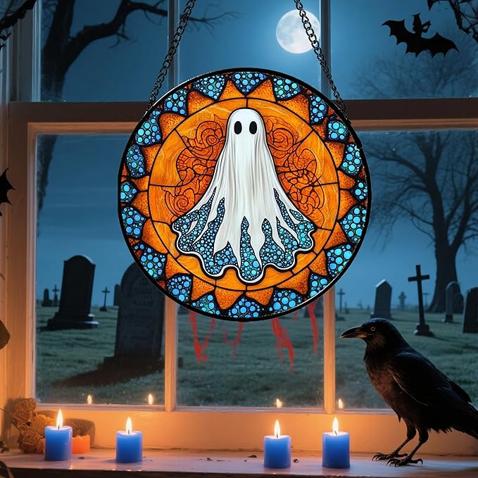 Stained Glass Window Hanging - Halloween Decorations White Ghost Suncatcher for Doors Garden Indoor Spooky Funny Blue Sun Catchers Gothic Decor Horror Gifts for Women Men Friend 15 in