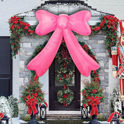 Christmas Inflatables Bow Lighted Yard Lawn Inflatable Decoration with Built-in Fan and Stakes Ropes Holiday Party Decor, Christmas Decor (7FT-Pink Bow)