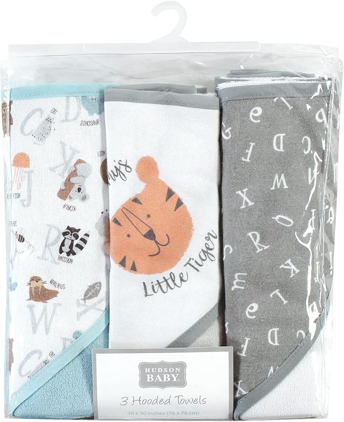 Hudson Baby Unisex Baby Cotton Rich Hooded Towels, Alphabet, One Size (Pack of 2)