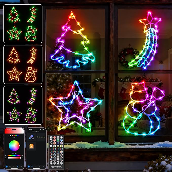 4 Pack Smart Christmas Window Lights, Window Silhouette Lights, Christmas Decorations Indoor,Custom & Preset Modes,APP Control Snowman, Meteor, Christmas Tree, Star for Door Glass