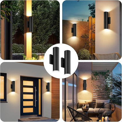 GoBright Outdoor Wall Lights, 12W 3000K Integrated LED Cylinder Up Down Lights, 1200LM Super Bright Waterproof Exterior Wall Sconce, 2-Pack Modern Black Outside Wall Lantern for Porch Patio Garage