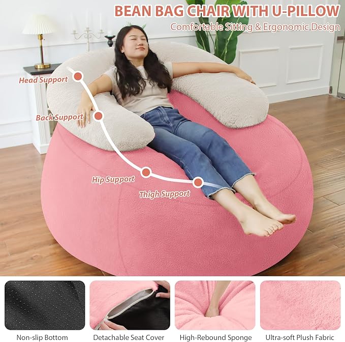 HABUTWAY Bean Bag Chair with U-Shaped Pillow - Faux Fur Fabric (Beige-Light Pink)