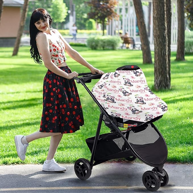 Personalized Baby Car Seat Cover for Girls, Custom Nursing Covers for Breastfeeding with Name, Panda Bear Floral Infant Stroller Cover, Baby Carseat Canopy for Newborn, Multiuse Car Seat Canopies