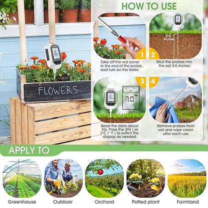 4-in-1 Soil Moisture Meter, Digital Plant Temperature/Soil Moisture Test & PH Meter/Sunlight Intensity, Backlight LCD Display for Gardening, Farming and Outdoor Plants
