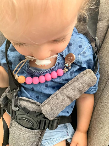 THREE LITTLE TOTS- Silicone Beaded Pacifier Clip Holder for Baby Girl and Boy Made in The USA (Pink)