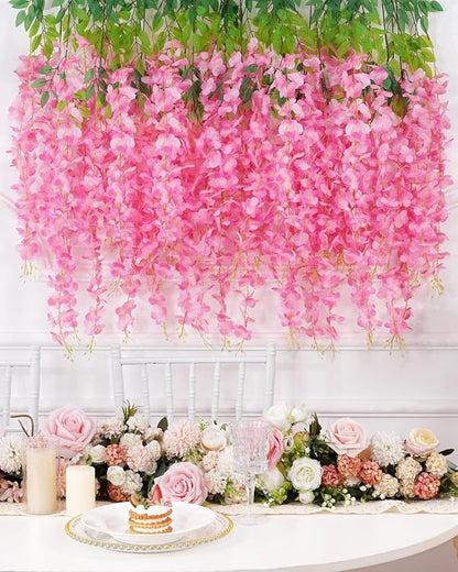 Waipfaru 12 Pack Wisteria Hanging Flowers, 3.6 Feet/Pcs Pink Wisteria Artificial Flowers, Fake Flowers Garland, Hanging Wisteria Vines for Bedroom Wedding Home Party Wall Decoration