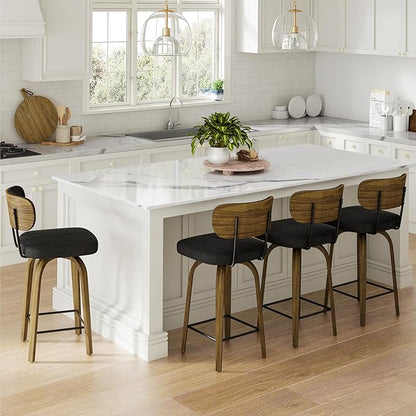 Swivel Counter Height Bar Stools with Back Set of 2, 26" Fabric Upholstered Kitchen Bar Stools with Wood Legs and Metal Footrest for Kitchen Island (Black Fabric)