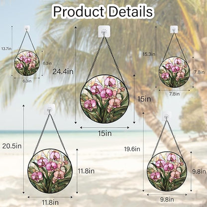 Stained Glass Window Hanging - Pink Phalaenopsis Orchid Green Leaves Sun Catcher for Door Home Decor Flower Suncatcher Christmas Mother's Day Birthday Gifts for Women Men Mom Nana 11.8 in