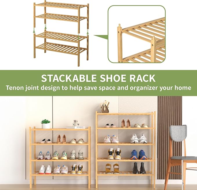 5 Tier Bamboo Shoe Rack for Closet Free Standing Wood Shoe Shelf for Entryway Small Space Stackable 27"x11"x33" (Natural)