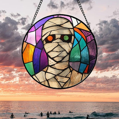 Stained Glass Window Hanging Halloween Abstract Colorful Mummy Large 15" - Suncatcher Door Garden Sun Catcher Gothic Decor Birthday Horror Funny Gift for Mom Woman Nana Friend Men