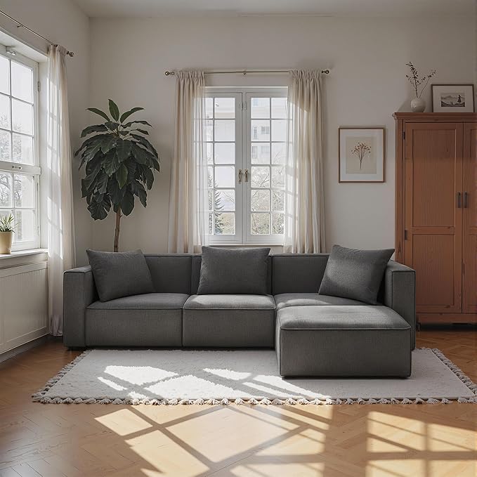Acanva Luxury Modular Sectional Living Room Sofa Set, Modern Minimalist Style Couch with Ottoman and Chaise, L-Shape, Dark Grey
