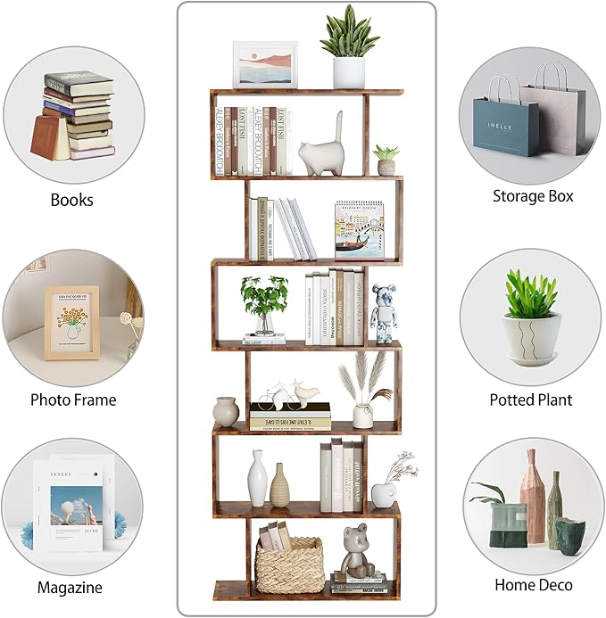 Yusong Geometric Bookcase, Bookshelf 6-Tier S Shaped Book Shelves for Bedroom, Modern Wood Decorative Display Shelf Tall Book Case for Home Office, Rustic Brown
