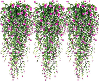 Artificial Hanging Flowers, 3 Pcs Fake Hanging Plants Artificial Vines for Outdoors, Fake Ivy Vine UV Resistant No Fade Faux Plants for Indoor Outside Garden Patio Yard Greenery Decoration (Red)