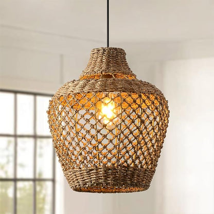 Brown Rattan Pendant Lights Kitchen Island 11.8in Boho Wicker Light Fixture Farmhouse Woven Chandelier Rustic Hanging Lighting for Bedroom Dining Room Restaurant Entryway Hallway Bar