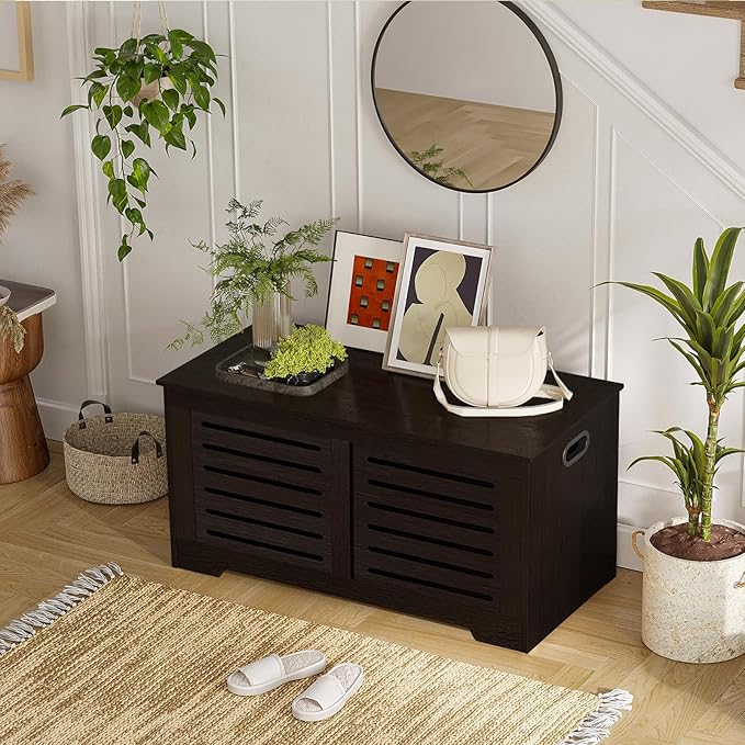 DINZI LVJ Storage Chest, 43.3” Wooden Toy Box with 2 Safety Hinges, Retro Entryway Shoe Storage Bench with Flip-Top, Sturdy Large Storage Trunk for Living Room, Bedroom, Easy Assembly, Espresso