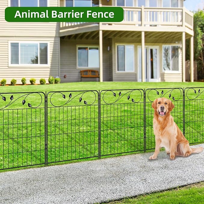 Decorative Outdoor Garden Fence 30in(H) X12ft(L) 6 Panels+7 Stakes Leaf Black Metal Garden Fencing for Landscape Lawn Patio, Temporary Animal Barrier Fences for Dogs