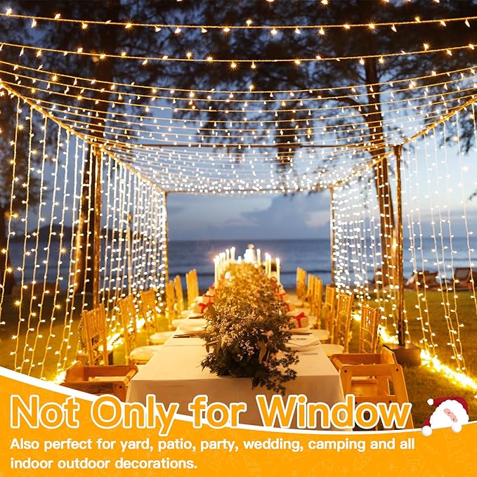 Ollny Christmas Curtain Lights 300 LED 9.8 FTx9.8 FT, Outdoor Waterproof Curtain String Lights with Remote Timer 8 Modes, USB Waterfall Window Lights for Wall Backdrop Home Decorations (Warm White)