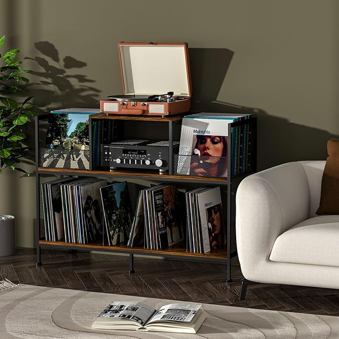 Large Vintage Record Player Table with 4 Adjustable Dividers, Vinyl Record Storage Cabinet for Up to 350 Albums, Medieval Turntable Stand for Living Room, Bedroom (Patent Pending)