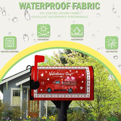 Happy Valentine's Day Mailbox Cover Red Truck and Heart Mailbox Wrap with Magnetic Strip Love Holiday Mailbox Post Letter Box Cover Standard Size 21" X 18" for Outdoor Decor